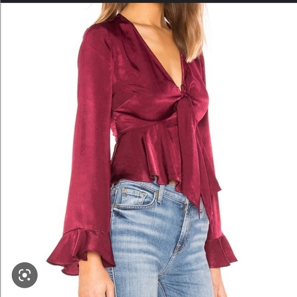 LOVERS + FRIENDS / Grenadine maroon burgundy satin tie front  plunge Top medium - Picture 2 of 6